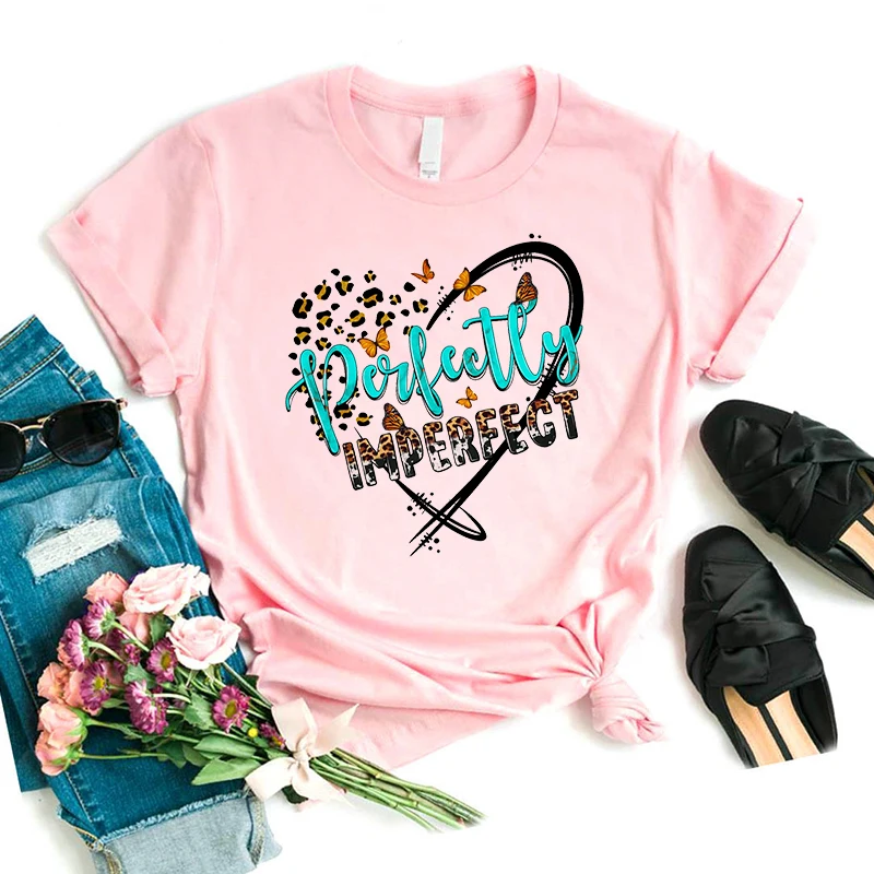 Perfectly Imperfect Graphic Print T Shirt Women Leopard Autumn Pink/White Tshirt Femme Summer Fashion Tops Tee Shirt Female