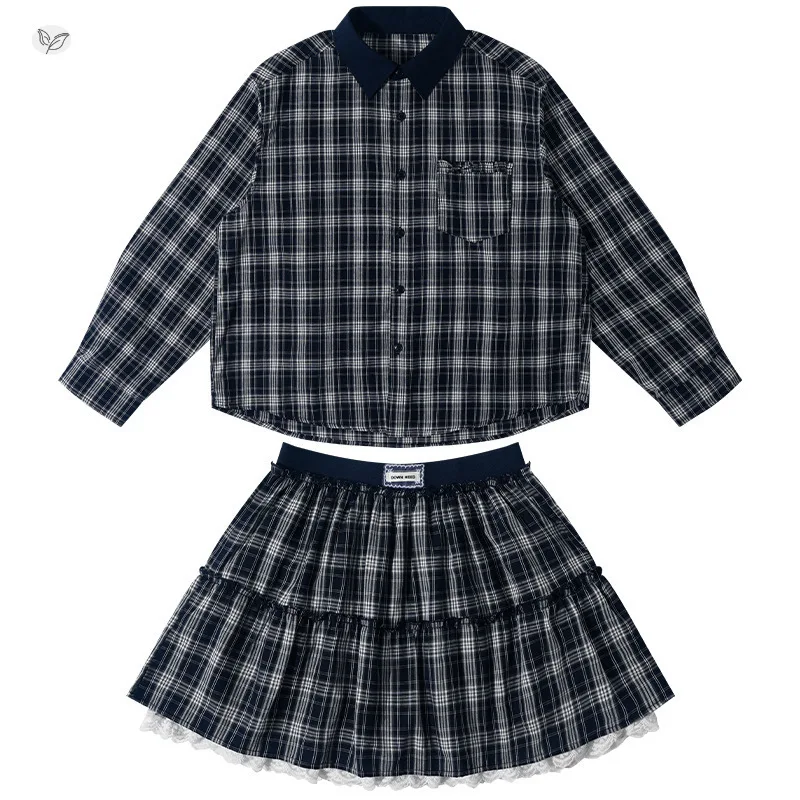 

Girls' Spring and Summer Wear New Medium and Older Children's Plaid Color Matching Shirt Lace Skirt Two-piece Set Fashionable