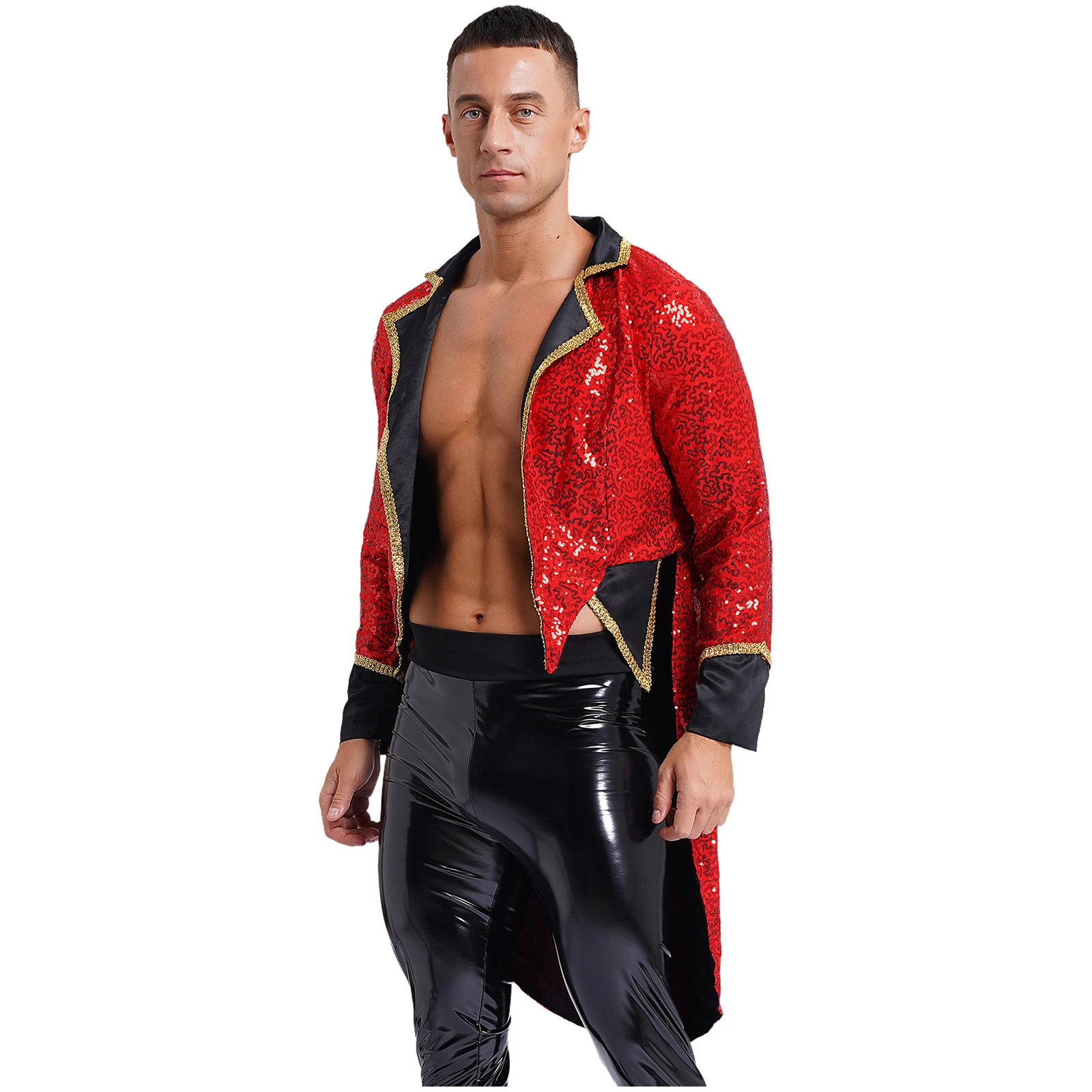 Mens Circus Ringmaster Showman Costume Lion Tamer Tailcoat Halloween paillettes Notch risvolto manica lunga cappotto a coda di rondine