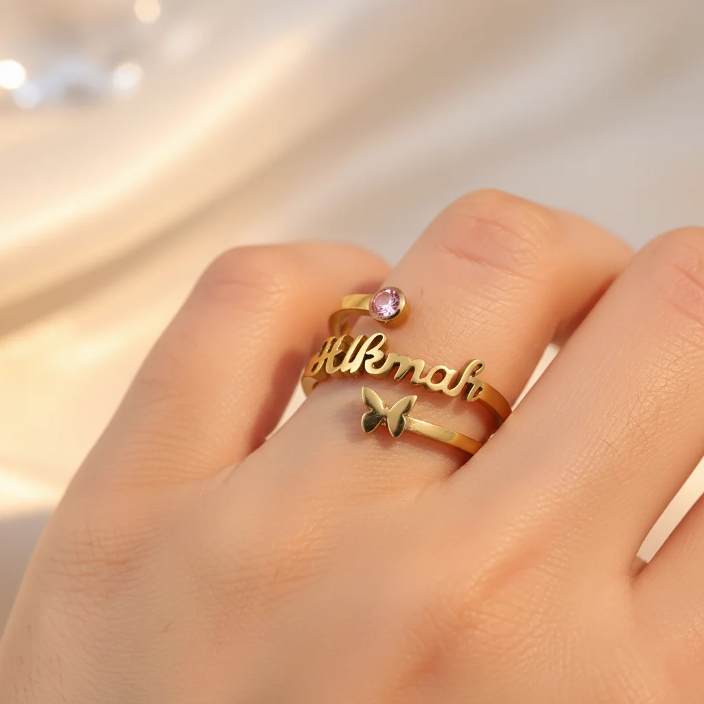 Customized Name Ring for Women Personalized 18K Gold Plated Stainless Steel Open Adjustable Butterfly Ring with Birth Stone