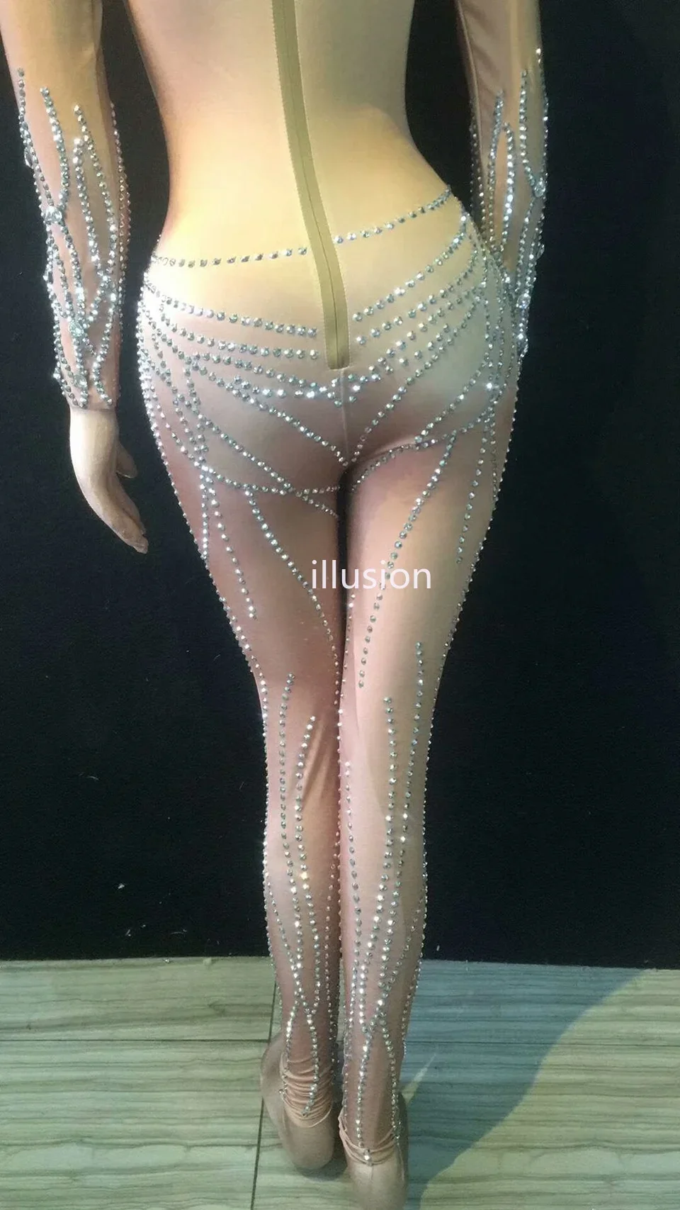 Shining Silver Rhinestones Nude Jumpsuit Women Sexy Performance Bodysuit Female Rompers Stage Wear Dance Wear Nightclub Outfits