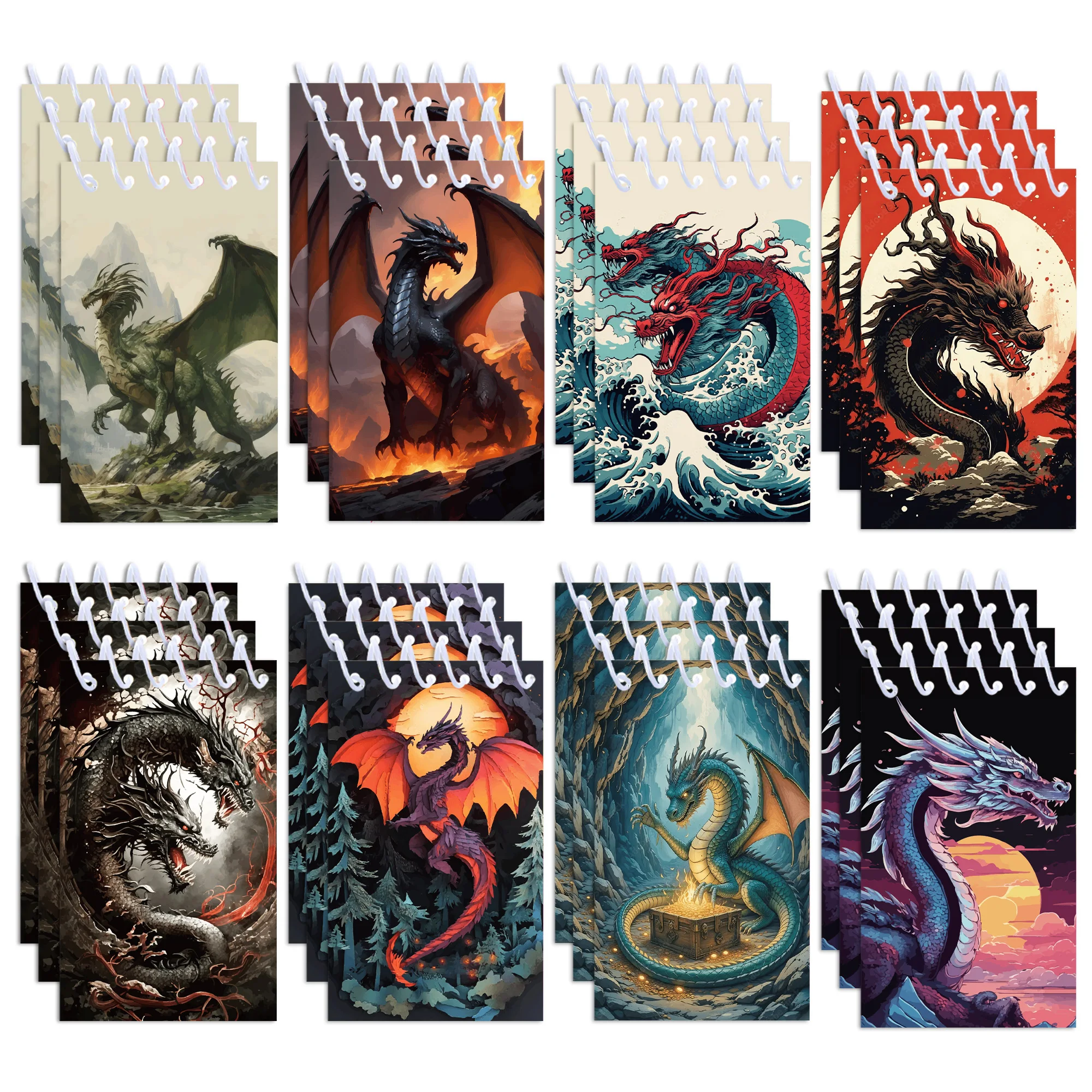8/16/24pcs Dragon Theme Small Spiral Notebook Mythical Creature Dragon Pocket Notepad for Fantasy Game Birthday Party Giveaways