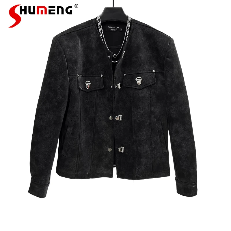 

Men's 2025 Autumn New Faux Leather Jackets Short Solid Color Jacket Men's Fashion Versatile Round Neck Trendy Loose Stylish Coat