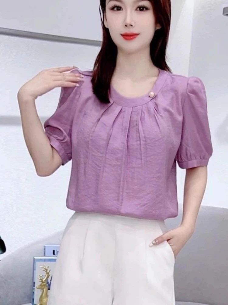 

Ele Bubble Sve irt Women's Summer New Faion Small irt Versatile ort Sve Top Age-Defng Polyester Blend