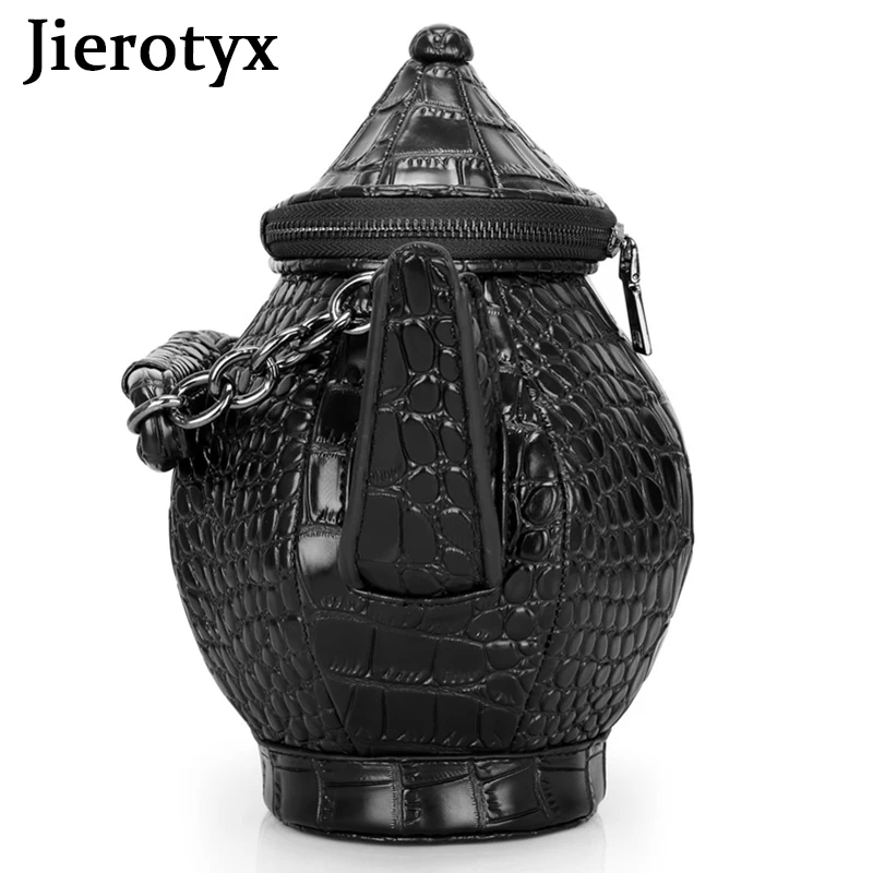 JIEROTYX Vintage Funny Teapot Shaped Handbag Women Crossbody Stone Pattern Leather Single Shoulder Bags Gothic Personality Black