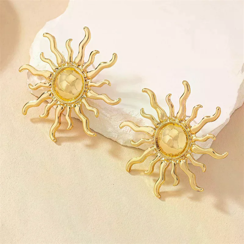 1Pair Vintage Oversized Gold Color Sun Fashion Dangle Earrings For Women Girls Personality Earrings Jewelry Accessories Gifts