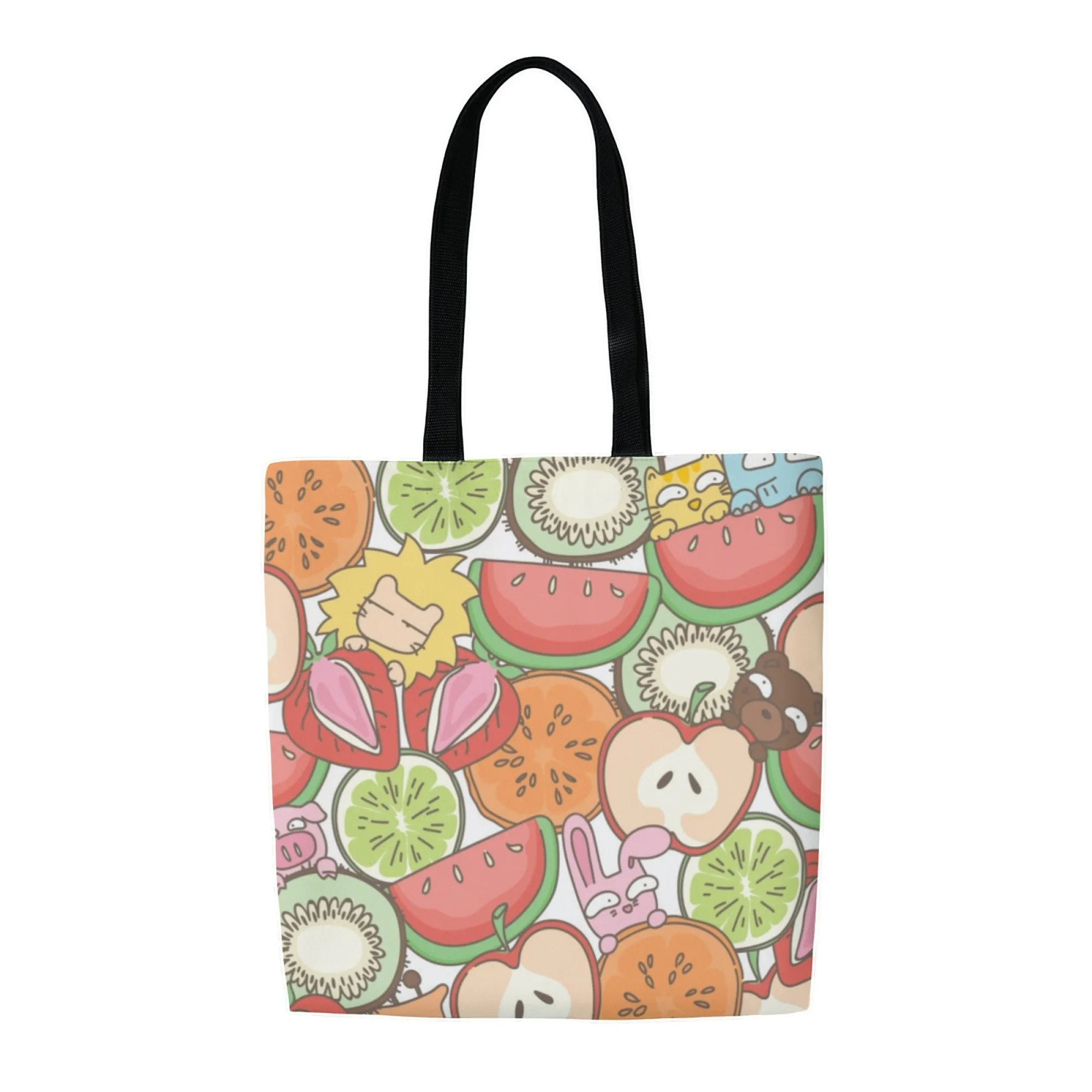 Cartoon Fruit Canvas Tote Bag Kawaii Illustration Shoulder Bag for Women Large Capacity Reusable Shopping Ideal for Daily Use