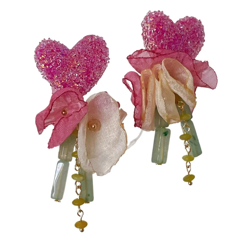 

Exaggerated red flower stud earrings, pink love niche earrings, unique and high-end.