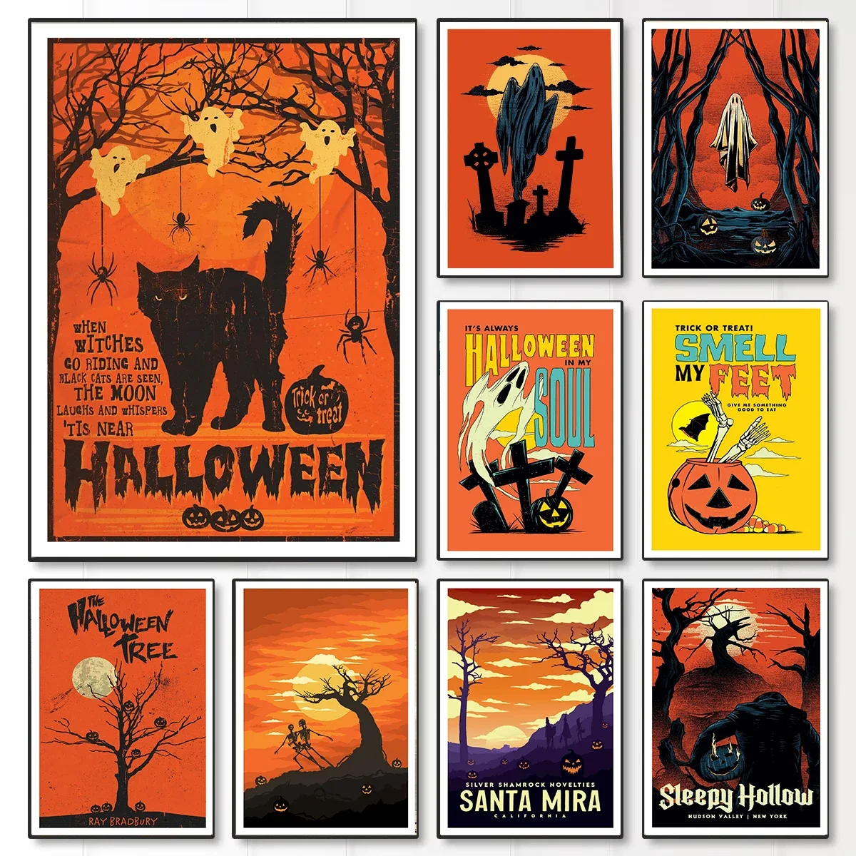 Retro schwarze Katze Kürbis Leinwanddrucke Gruseliger Geist Dark Academy Wandkunst Poster für modernes Wohnzimmer Halloween Home Decor G