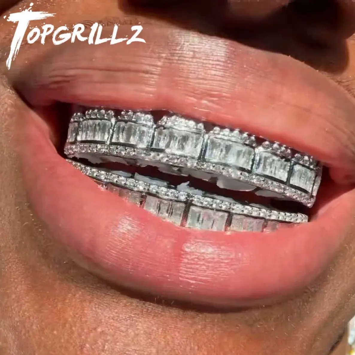 TOPGRILLZ New Baguette Set Teeth Grillz Top & Bottom 14K White Gold Hip Hop Fashion Rapper Jewelry Gift For Men Women
