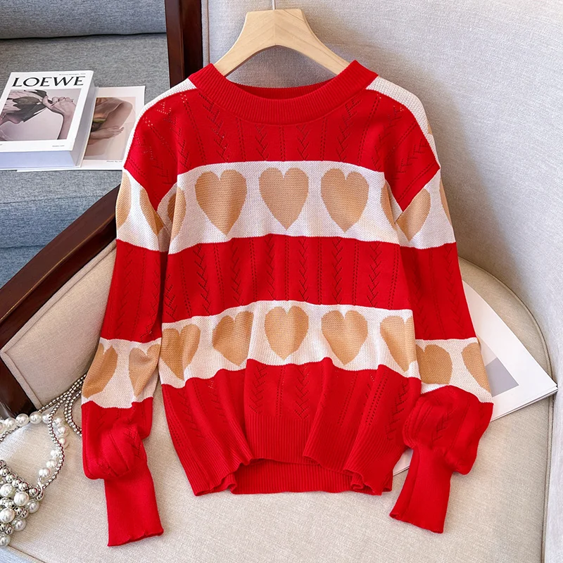 Women Blue Striped Knit Pullover Heart Pattern Sweater Harajuku Vintage Y2k Long Sleeves Cashmere Hollow Sweaters 2000s Clothes