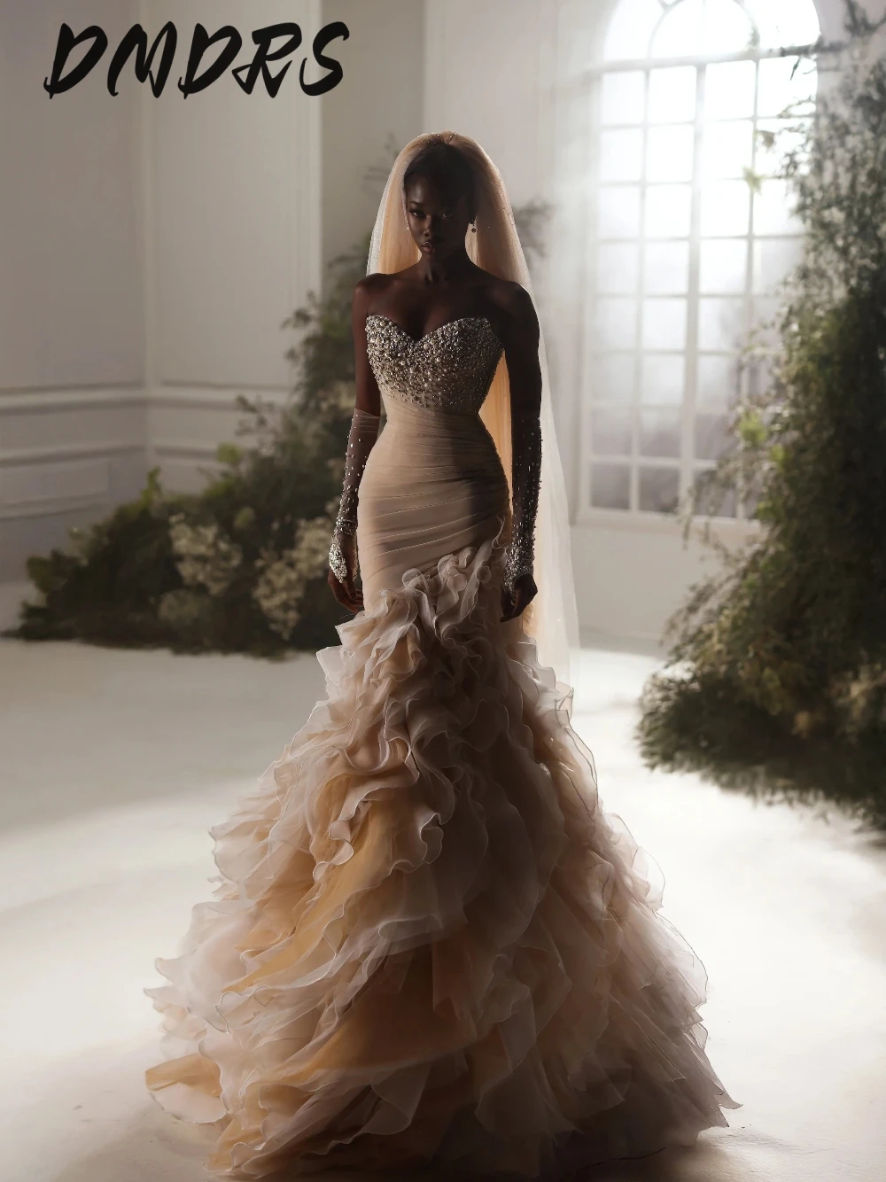 Romantic Beaded Mermaid Wedding Dress Champagne Fashionable Ruffled Long Train Bridal Gown Customized Reception Dainty Wear