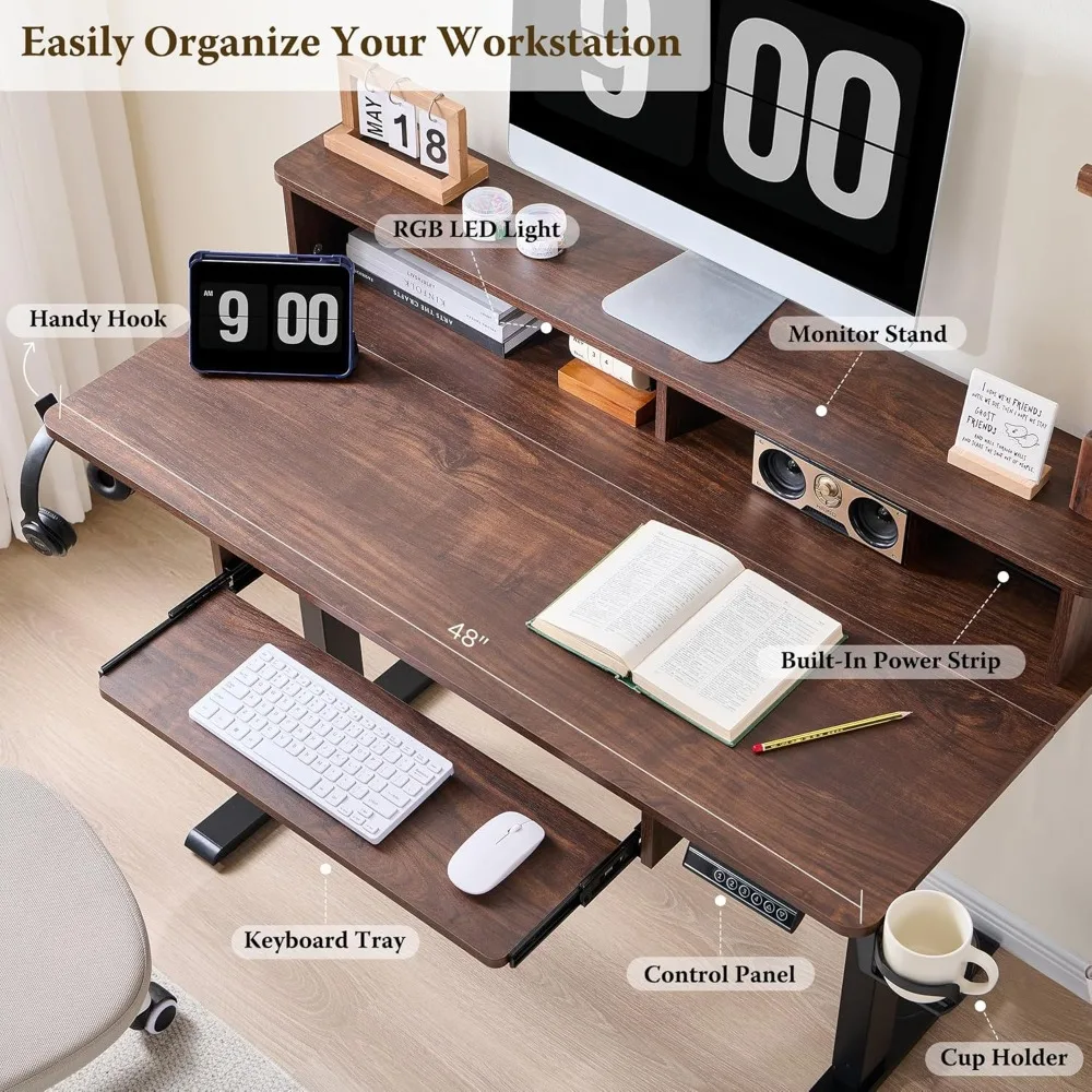 Electric Height-Adjustable Desk with Sit-Stand Capability, Integrated Keyboard Tray, Power Outlets, LED Lighting, and Monitor Sh