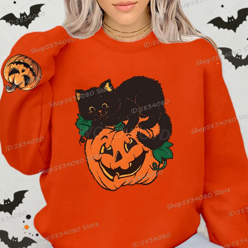 

Толстовка с черным котом и тыквой на Хэллоуин, подарок на Хэллоуин, винтажный свитер, женский жуткий сезонный женский свитшот с принтом кошки