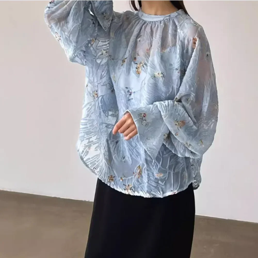 O-neck Flare Sleeve Vintage Pullover Blouse Women Loose Casual Japanese Semi-transparent Velvet Jacquard Shirts Chic Elegant Top