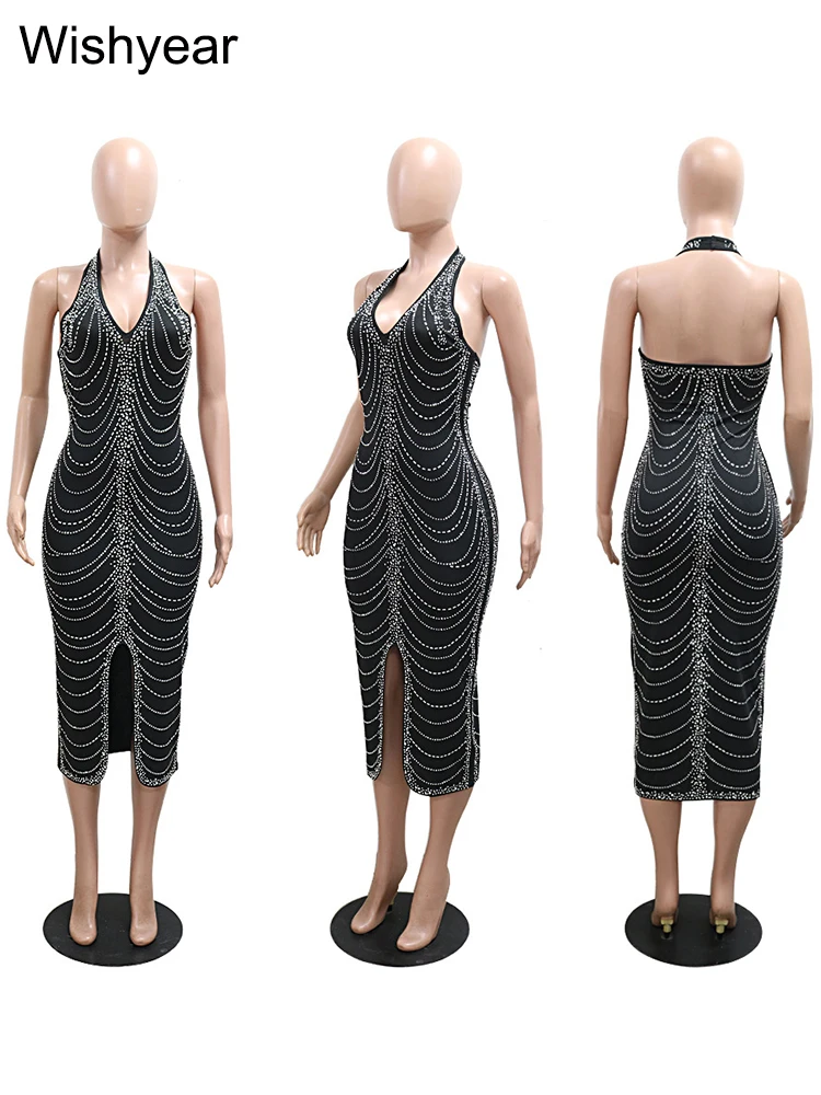 Novo sexy diamantes halter preto festa bodycon midi vestido feminino sem mangas sem costas frente divisão aniversário noite baile de formatura clube vestidos