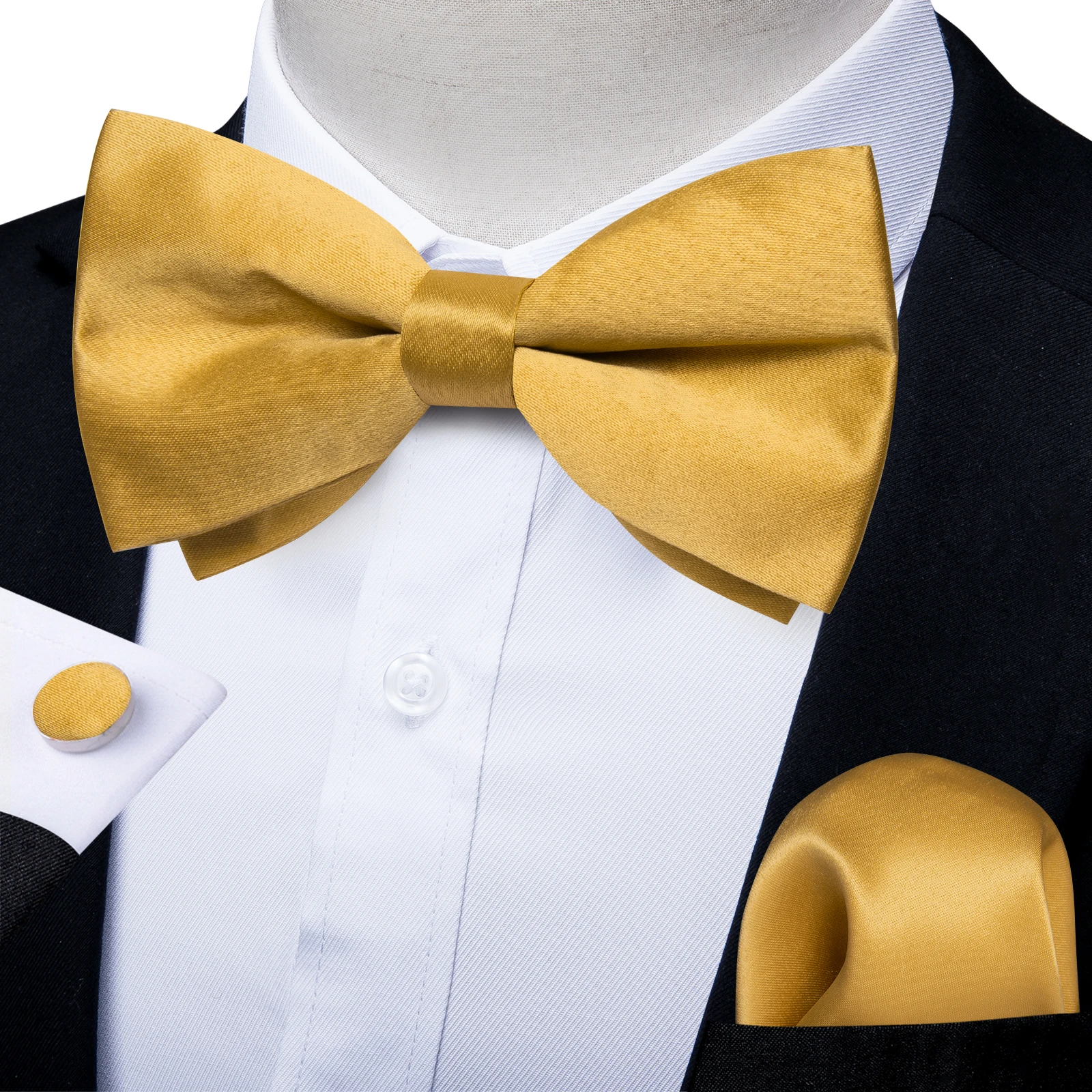 Klassische vorgebundene Fliege für Herren, Accessoire, goldfarbene Herrenfliege, Einstecktuch, Manschettenknöpfe, Set, Hochzeit, Business, Schmetterlingsknoten, Geschenke – Detail 1