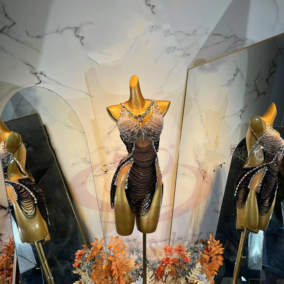 

Latin Dance Dress, High-end Customized Crystal Diamond Stripe Dress, Tango Women, Adults, Children, Stage Professional Clothing