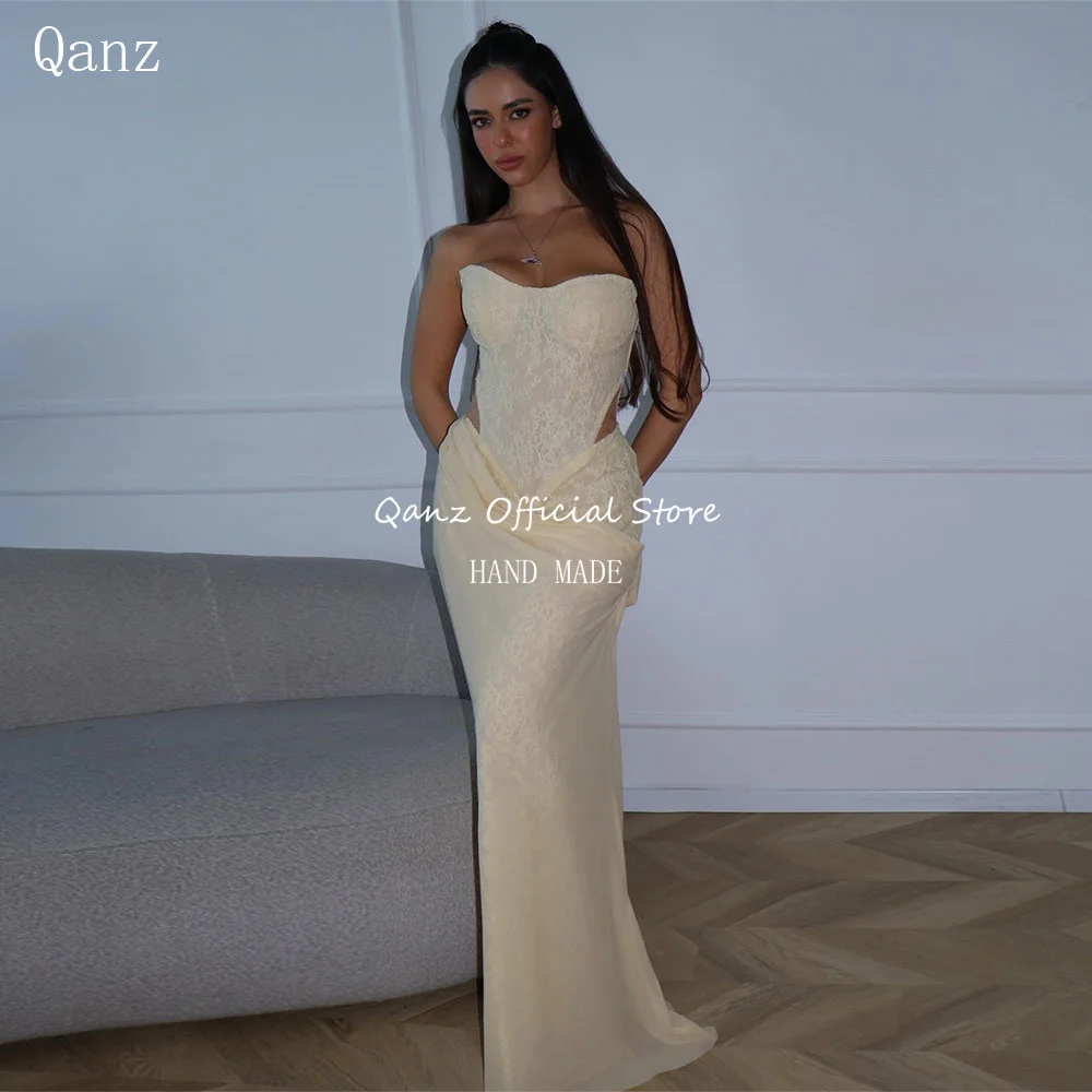 

Qanz Ligh Yellow Prom Dress Sweetheart Mermaid Lace Appliques Wedding Guest Dresses Women Formal Evening Gowns Customized