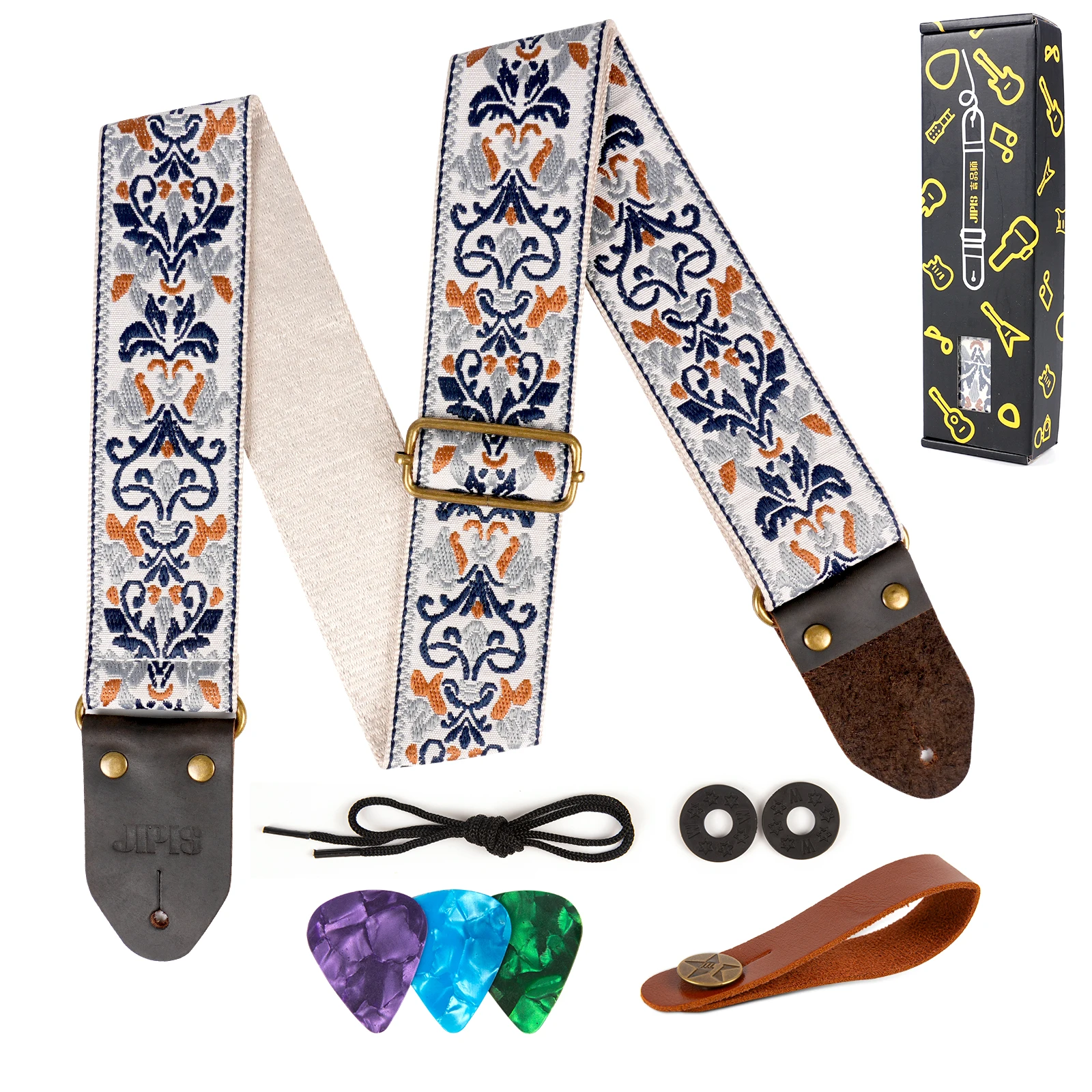 Jacquard Cotton Guitar Straps with Crazy Horse Real Leather Ends for Acoustic Guitars , Electric Guitars and Bass,with Free Gift