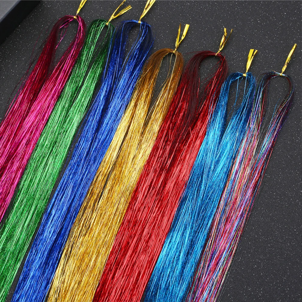 110cm Colorful Shiny Threads Glitter Hair Tinsel Kit Gold Purple Blue Silk Hair Glitter String Extensions Accessories for Women