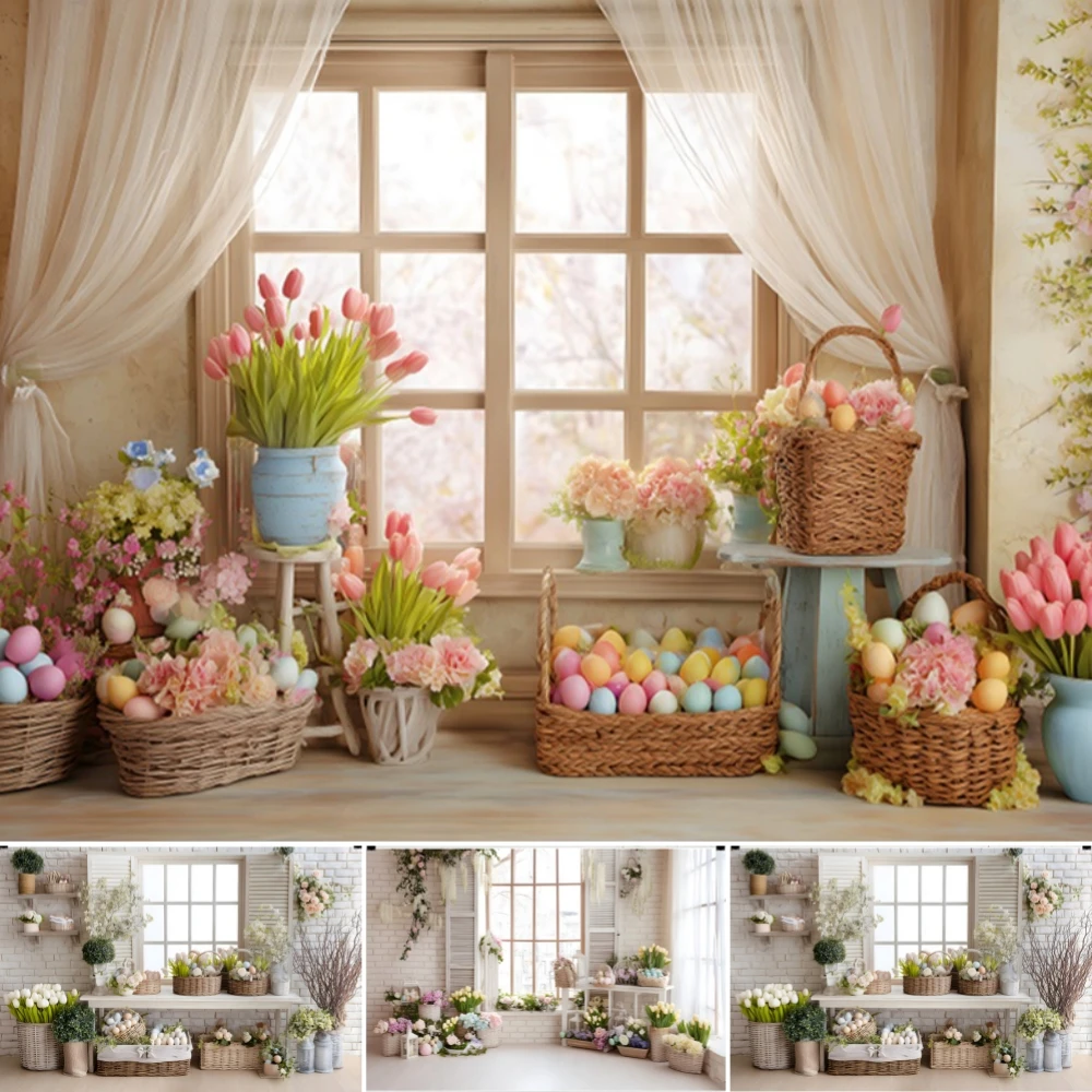 

Spring Flowers Easter Photography Backdrop Floral Market Rabbits Colorful Eggs Party Decors Kids Adults Backdrop Photo Banner