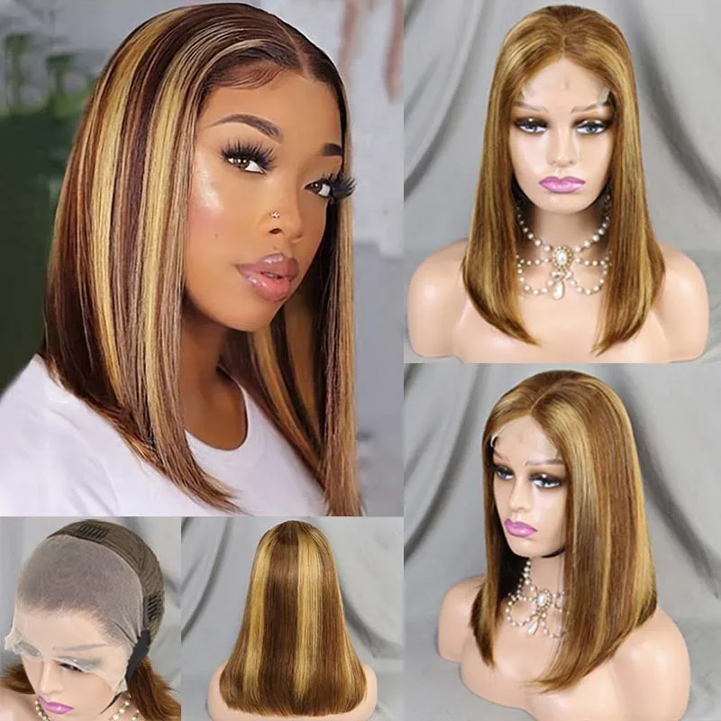 Mel Loira Lace Frontal Bob Peruca, Destaque Do Cabelo Humano, Ombre Cor, Curto, Em Linha Reta, Frente, 4/27