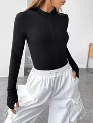 Women's Bodysuit Black Ribbed Zipper Knitted Skinny Body Suit 2023 New Autumn Winter Outfits Long Sleeve Top for Women