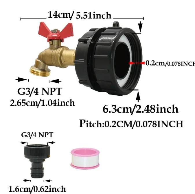 1000 Liter Tank Adapter 63mm To 3/4 Thread 16mm Nipple Connector Brass Tap valve Garden Ton Barrel Connect Faucet Fittings