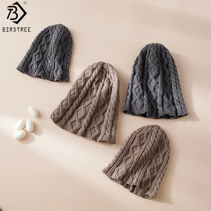 BirdTree, 52.3% Silk 47.7% Wool Knitted Cap, Women's Solid Warmth Hat, Outdoor Thicken Caps, 2026 Autumn Winter New S69511JF