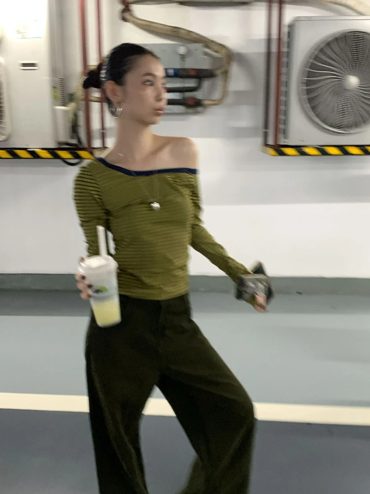 

Y2k Spring Fall Off Shoulder Stripe T-Shirt Pullover Women Japanese Basic Slim Long-Sleeve Korean Streetwear 2000s Aesthetic Top