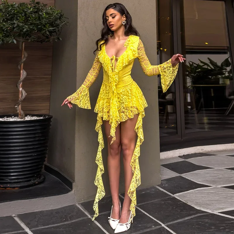 

Lace Ruffled Streamer Dress For Women Flare Long Sleeve V neck Sexy Mini Dress See Through Fashion Elegant Summer 2025