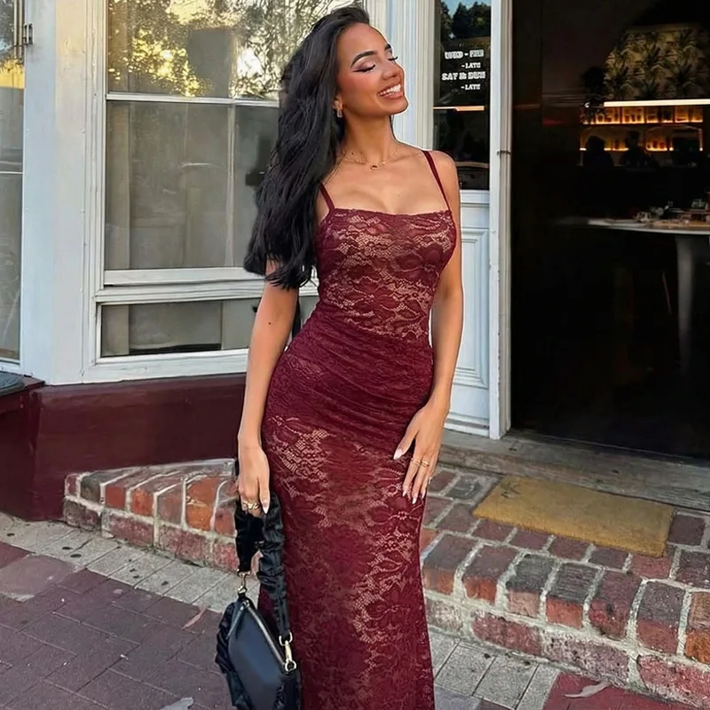 

Women's Burgundy Lace Dress Slim-Fit Strapless Maxi Dress with Slit Floral Print Fitted Evening Gown Formal Wedding Guest Attire