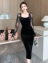 Fashion Lady Vintage Black Pencil Dress Women Clothes Elegant See Through Sexy Square Collar Slim Midi Party Prom Mujer Vestidos