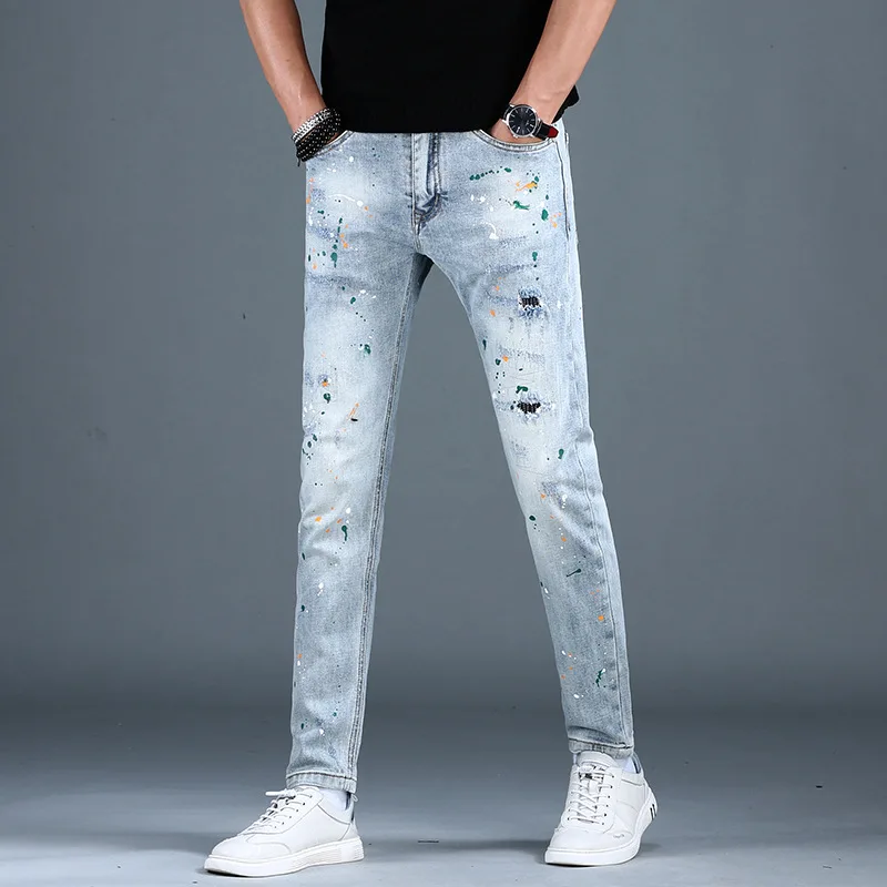 Trendy high-end jeans men\'s personalized paint printing slim fit skinny stretch casual street motorcycle trousers