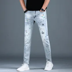 Calça jeans masculina com impressão personalizada, high-end, slim fit, skinny, stretch, casual, rua, motocicleta, moda