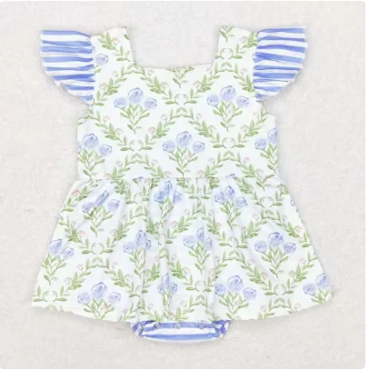 

2025 Baby Infant Girls Rompers Blue Green Flowers Flutter Sleeve Rompers Fashion Summer Toddler Baby Girls Bubble Rompers