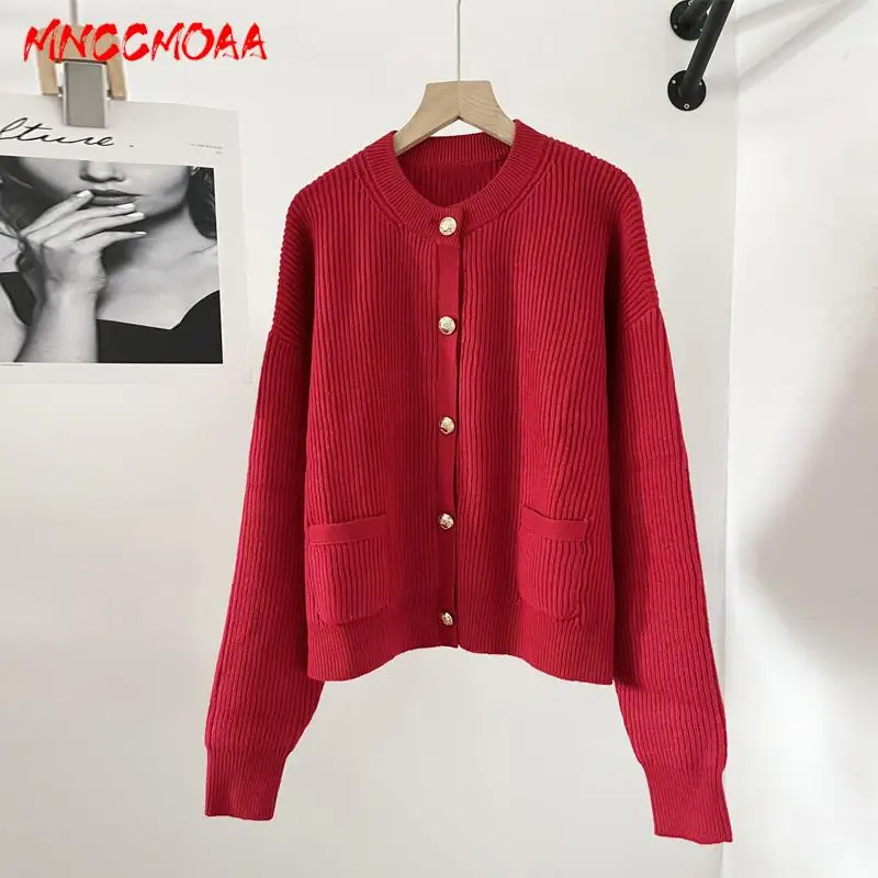 MNCCMOAA-Women\'s Long Sleeve Button Knitted Sweater, Loose Cardigans, Chic Fashion, Casual Pockets Outwears, High Quality, 2024