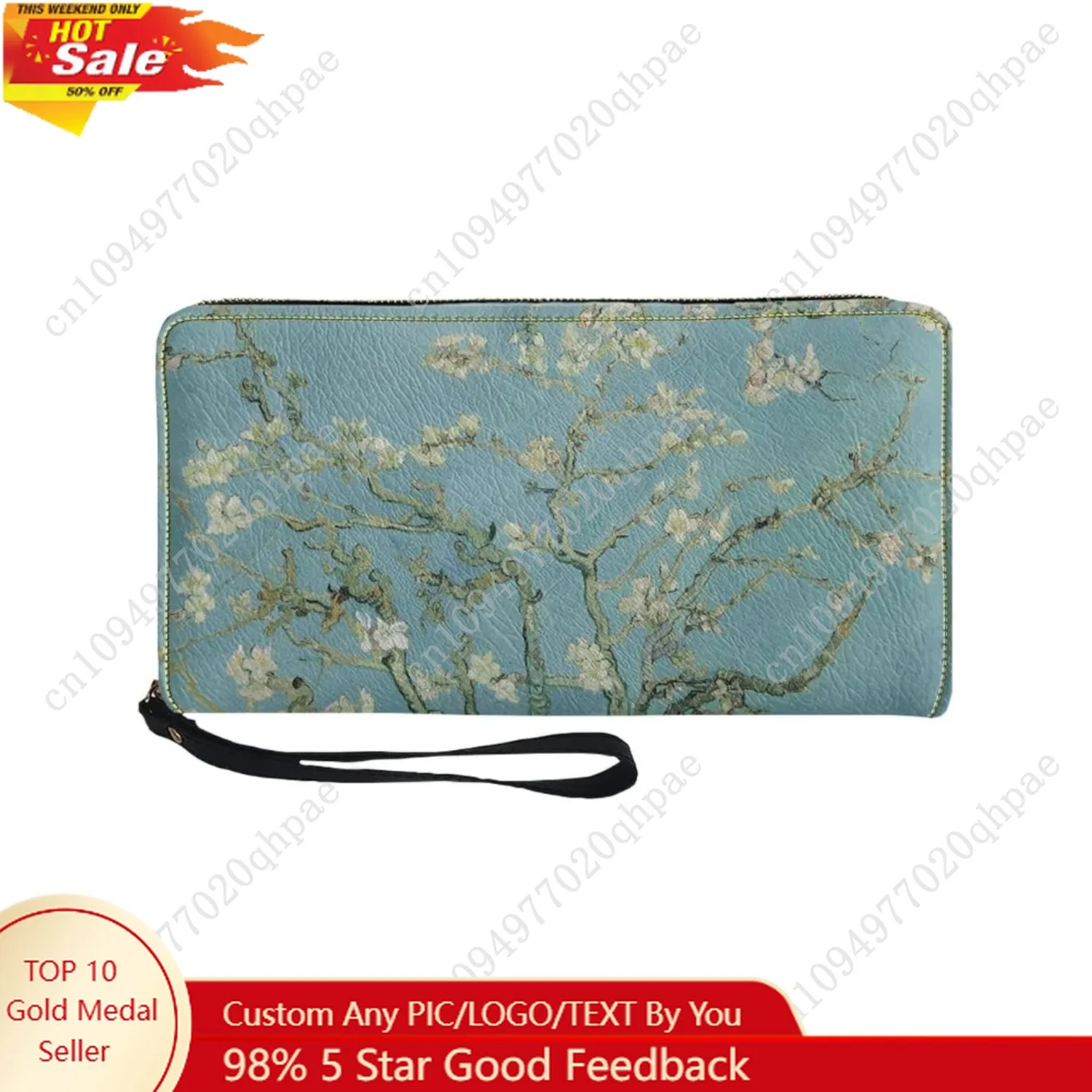 

KIDVOVOU Women Van Gogh Rfid Blocking Credit Card Wallet Zipper PU Leather Long Purse Wristle Clutch Wallets,Almond Blossom