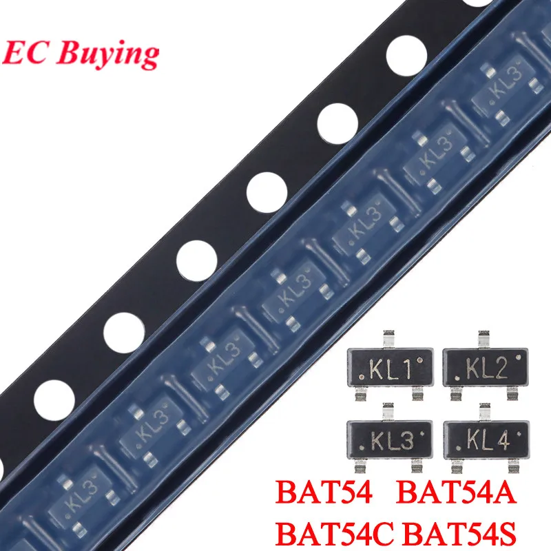 100pcs/lot BAT54 KL1 BAT54A KL2 BAT54C KL3 BAT54S KL4 SOT-23 0V/200mA SMD Schottky Diode Rectifier