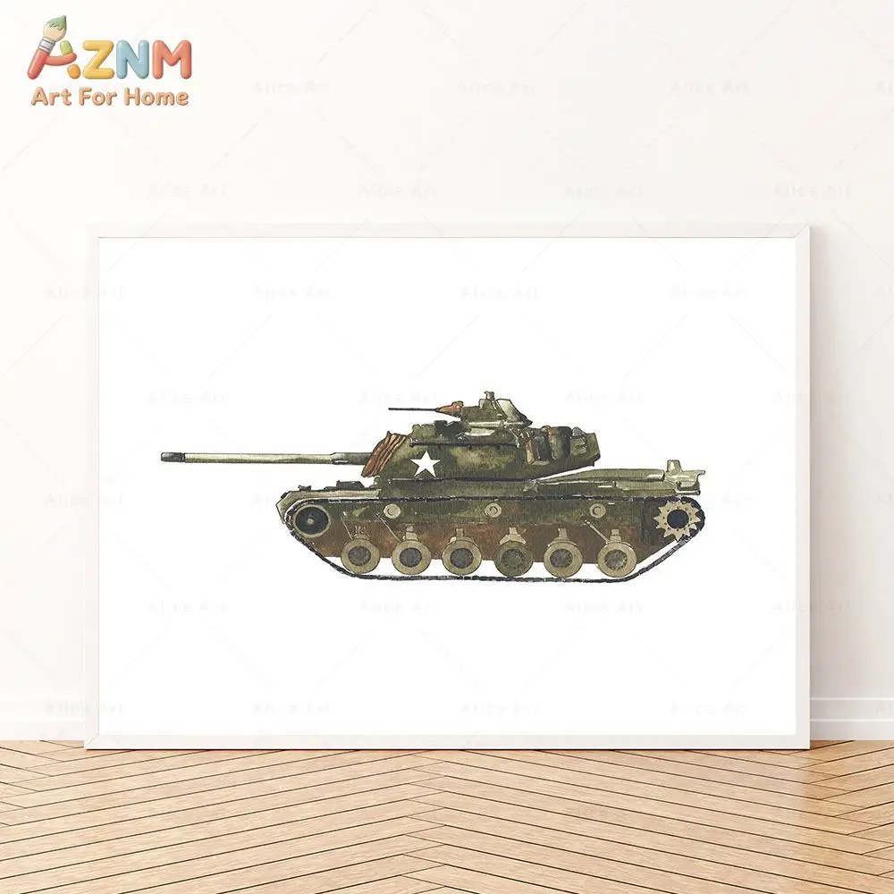 AZNM Watercolor Military Vehicle Canvas Wall Art Tank Helicopter Truck Airplane Army Transport Print Frameless Canvas Painting B