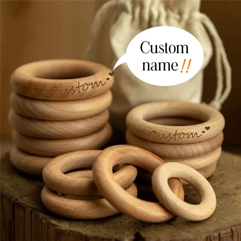 New 5Pc 40/55/60/65mm Beech Wooden Baby Teething Rings Wooden Custom Name Baby Teethers Accessories For Baby DIY Bracelet Making