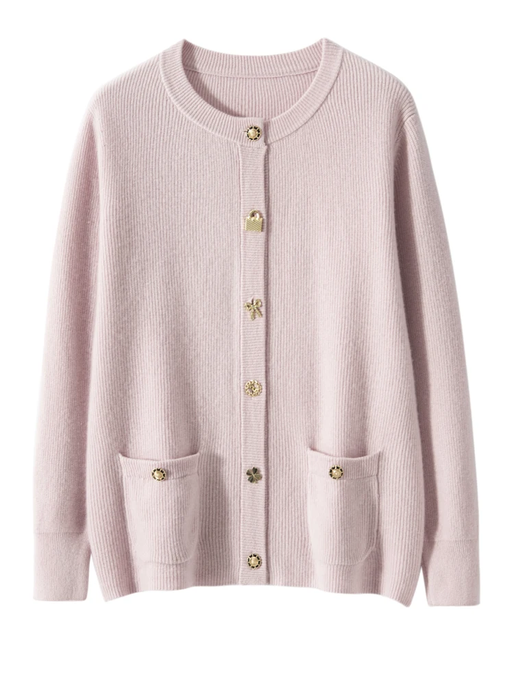 Pull en cachemire à col rond pour femme, 100% cachemire, boutons en métal, cardigan, manches longues, optique, décontracté, vêtements chics, automne, hiver, haute qualité, nouveau