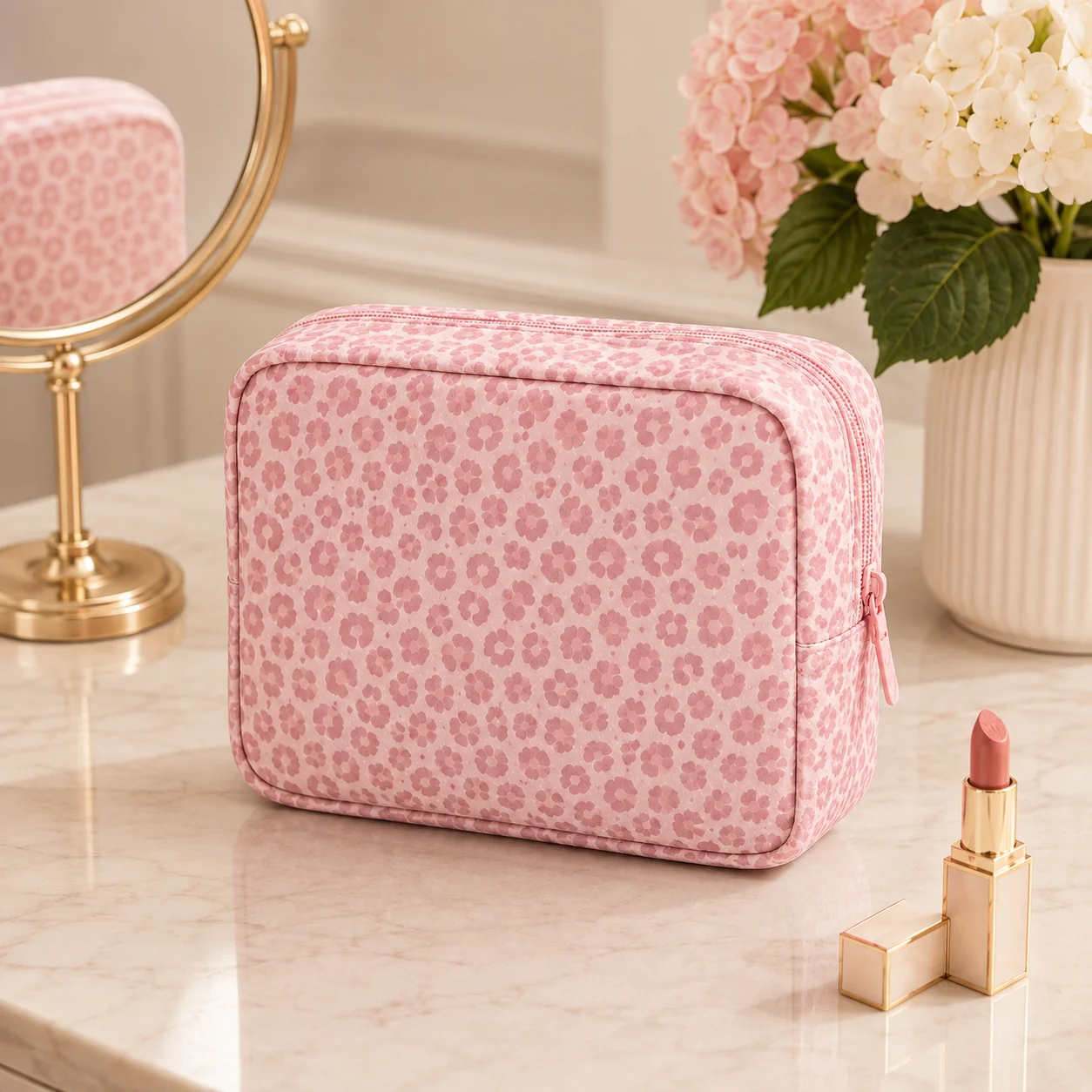 Cosmetic Bag Pink Leopard Pattern Makeup Bag Soft Zipper Travel Toiletry Organizer Beauty Pouch Storage Case for Women Cosmetics