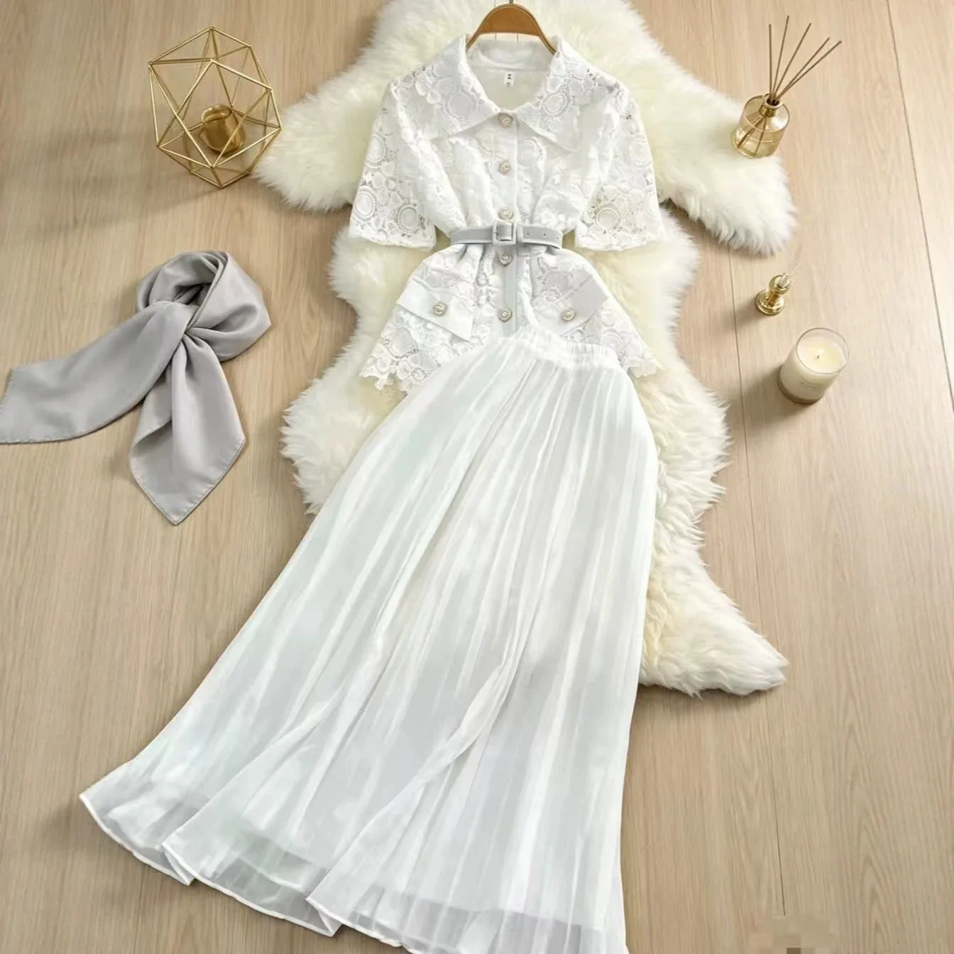 Women Two Piece Skirt Sets Solid Lace Short Sleeve Shirt Buttons Spliced Elegant Long Skirts A Line Elastic Waist Casual Autumn