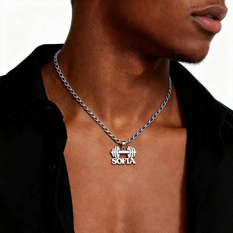 

Custom Name Barbell Necklace Hip Hop Style Stainless Steel Personalized Weightlifting Durable Jewelry Fitness Enthusiasts Gift