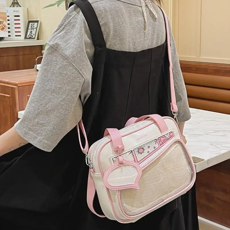 School Girl PU Shoulder Handbag Itabag Japanese Style Women Transparent Colorblock Crossbody Bag for Anime Pin Display