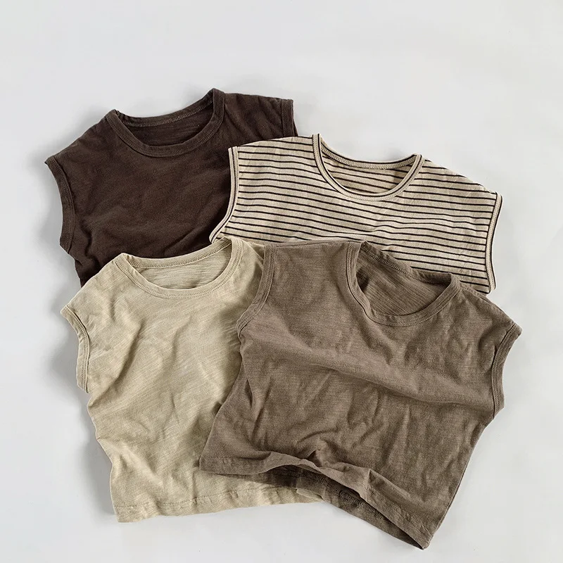 Unisex Korean Style Slub Cotton Tank Tops Breathable Kids Vest Summer Sleeveless Shirt Lightweight Cooling T-Shirts for 2-5Y