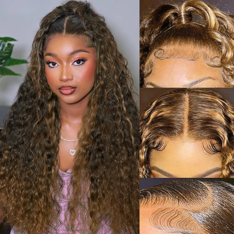 

Парик с эффектом омбре и водной волной, с кружевной передней частью, из натуральных волос, 200% плотность, кудрявый, с мелированием 4/27, медово-русый, глубокая волна, из натуральных волос