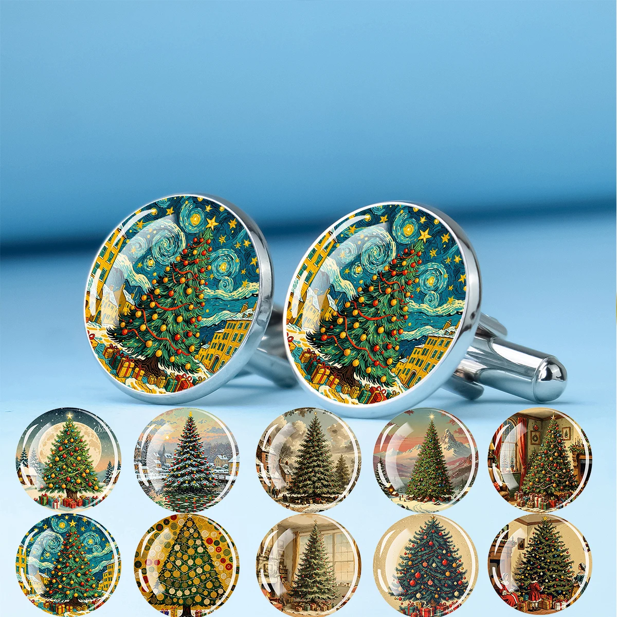 Christmas Tree Dome Glass Metal Cufflinks Suit Accessories Hand Drawn Patterns Exquisite Jewelry Christmas Gifts Holiday Gifts